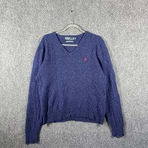 Vintage 90s Ralph Lauren Polo V-neck Sweater 100% Lambswool Blue Size Large